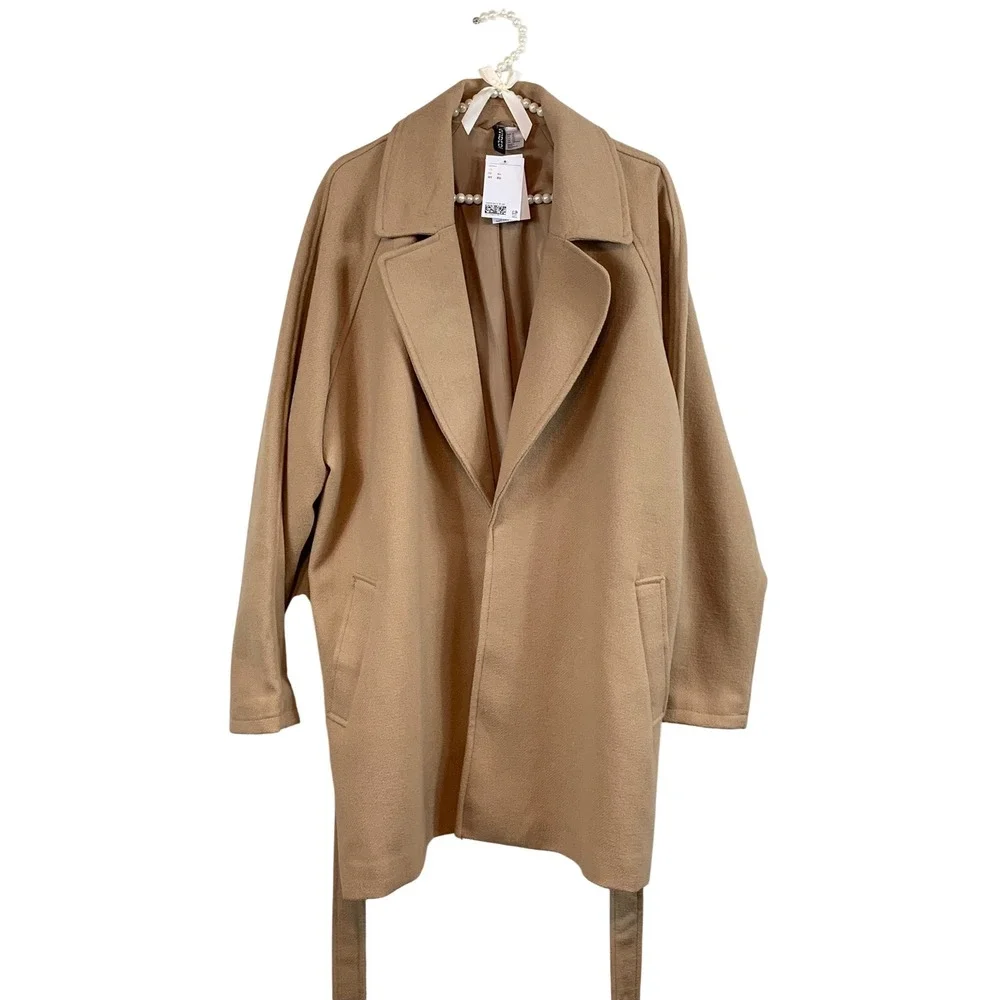 H&M Divided Camel Tan Belted Wrap Coat Notched Lapel XL NEW